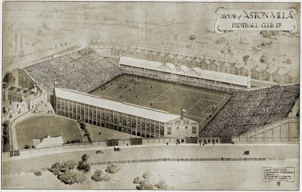 Schwarze und weiße Illustration des historischen Stadions von Aston Villa Football Club mit Gebäuden, Bäumen und Text rundherum, mit saftig grünem Rasen und Zuschauern in den Rängen.