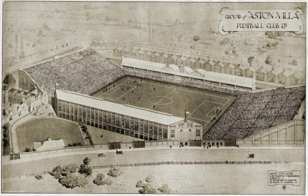 Schwarze und weiße Illustration des historischen Stadions von Aston Villa Football Club mit Gebäuden, Bäumen und Text rundherum, mit saftig grünem Rasen und Zuschauern in den Rängen.