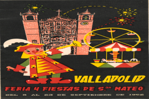 Ein buntes Karnevalplakat mit einem Gebäude, einem Riesenrad, einem Spielzeug und Text, das eine festliche Atmosphäre in Valladolid, Spanien, vermittelt.