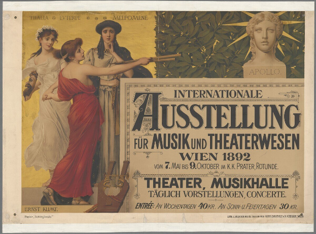 Plakat für die Internationale Ausstellung für Musik und Theaterwesen in Wien, Österreich, das eine Gruppe von Menschen in einem Kreis mit einer Frau, die ein Musikinstrument hält, in der Mitte zeigt und Text, der die Veranstaltungsdetails bereitstellt.