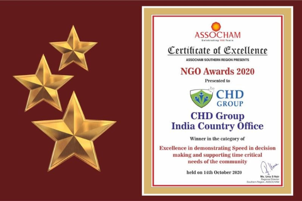 Auszeichnung 'Exzellenzzertifikat' für die NGO Awards 2020 an Chd Group India Country Office verliehen, mit einem Schild-Logo mit einem Stern und einem Lorbeerkranz.