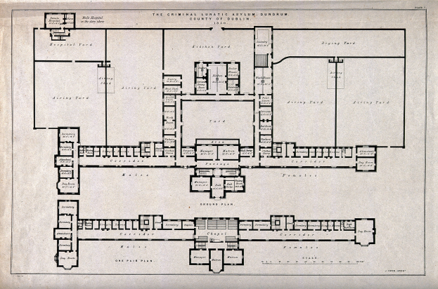Schwarz-weißer Architekturplan eines Gebäudes mit zahlreichen beschrifteten Räumen, darunter eine 'Irrenanstalt für Verbrecher'.