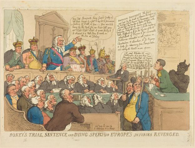 Cartoon-Illustration einer Gerichtsszene mit einer zentralen stehenden Figur, sitzenden Beobachtern, einem Tisch mit Gegenständen rechts und der Bildunterschrift "Boney's Trial, Sentence, and Dying Speech Europe's Injuries Revenged" unten.