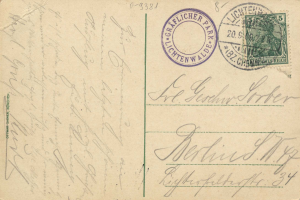 Alte Postkarte mit einer Briefmarke, die "Lichtenwald, Deutschland - Einschreiben nach Deutschland" lautet, mit handschriftlichem Text und zwei zusätzlichen Briefmarken in der oberen rechten Ecke.