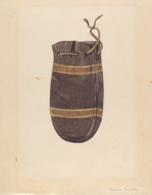 Eine handgezeichnete braune Tasche mit Griff und vorderer Reißverschluss auf einem Blatt Papier mit Text.