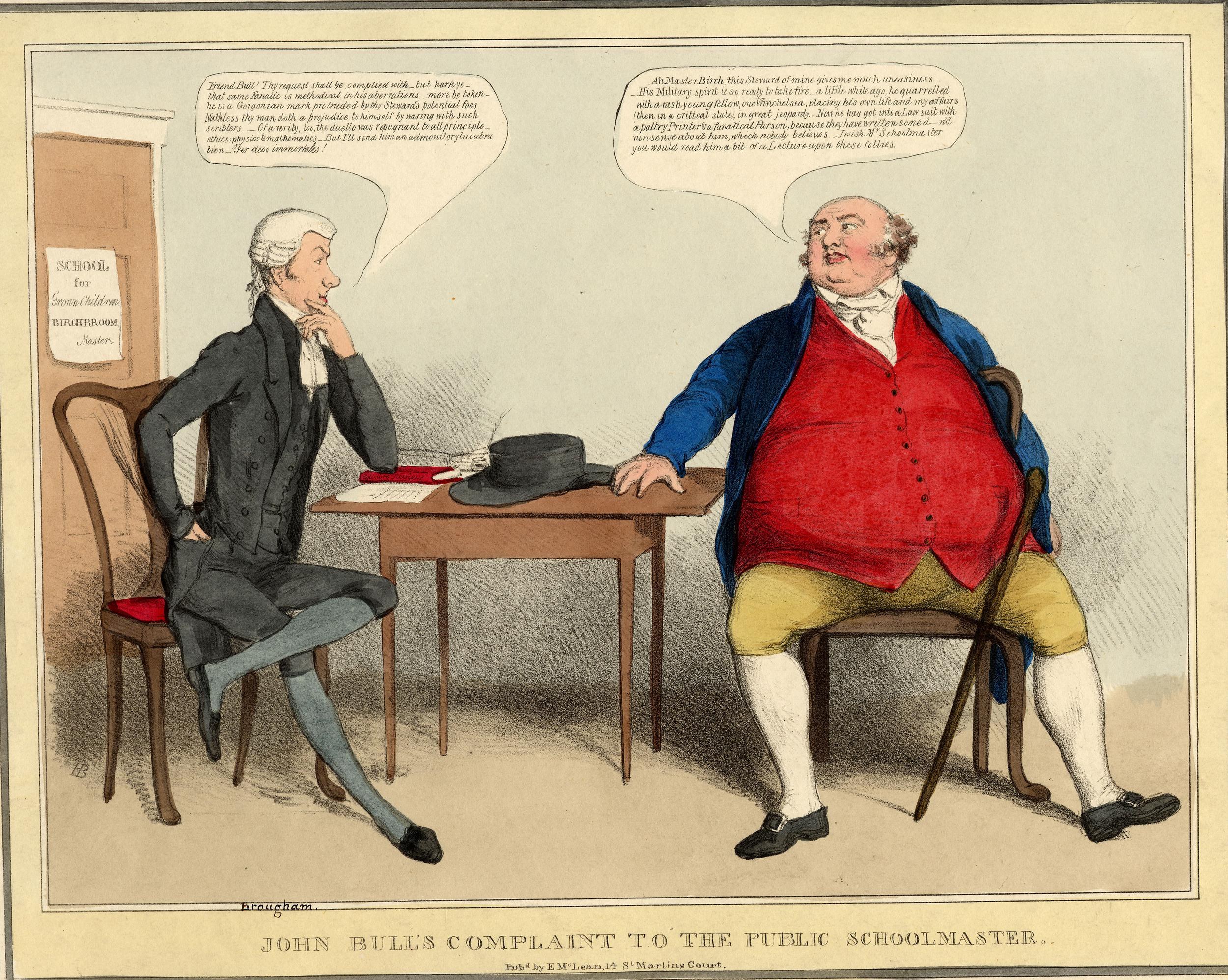 John Bull, ein Mann im Anzug, sitzt einer sitzenden Person hinter einem Tisch mit Hut und Papieren gegenüber und gestikuliert beschwerlich; im Hintergrund sind eine Tür und ein Papier an der Wand zu sehen.