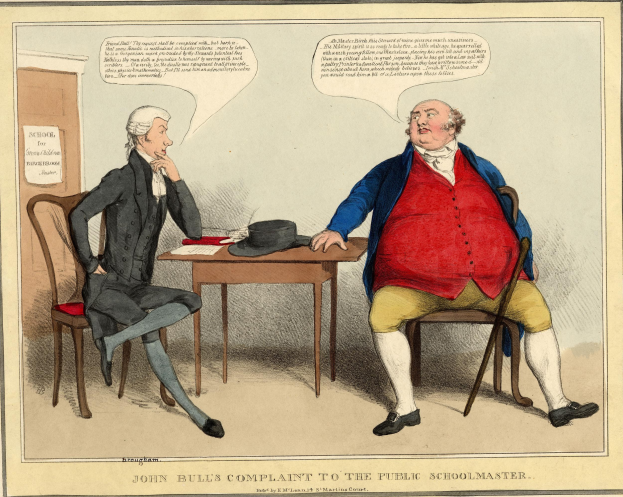 John Bull, ein Mann im Anzug, sitzt einer sitzenden Person hinter einem Tisch mit Hut und Papieren gegenüber und gestikuliert beschwerlich; im Hintergrund sind eine Tür und ein Papier an der Wand zu sehen.