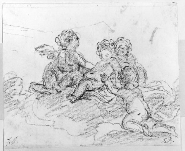 Eine Zeichnung von drei Kindern auf einer Decke sitzend, wobei eines ein Baby hält, auf einem Blatt Papier mit Text.