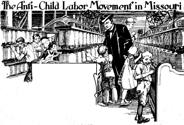 Plakat für die Anti-Kinderarbeit-Bewegung in Missouri, das eine Gruppe von Menschen in traditioneller Kleidung zeigt, einige stehen und einige sitzen, mit Gesichtsausdrücken der Angst und Verzweiflung und dem Text "Die Anti-Kinderarbeit-Bewegung in Missouri" oben und unten.