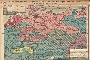 Ein Plakat aus dem Jahr 1618, das eine detaillierte Karte von Mitteleuropa zeigt, mit Texten, die die religiöse Situation in der Region beschreiben.