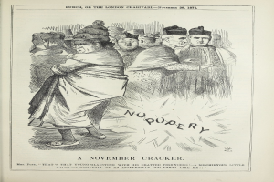 Ein Artikel mit dem Titel "Ein November-Kracher - Punch, oder das Londoner Charivari - November 28, 1874" mit einer Gruppe von Menschen in Feierlaune und dekorativem Text.