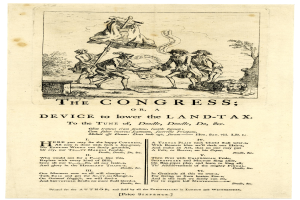 Eine Zeichnung mit einer Gruppe von Menschen in traditioneller Kleidung und dem Text "Der Kongress oder, Gerät zur Senkung der Grundsteuer" in fetter Schrift, umgeben von einem dekorativen Rahmen.