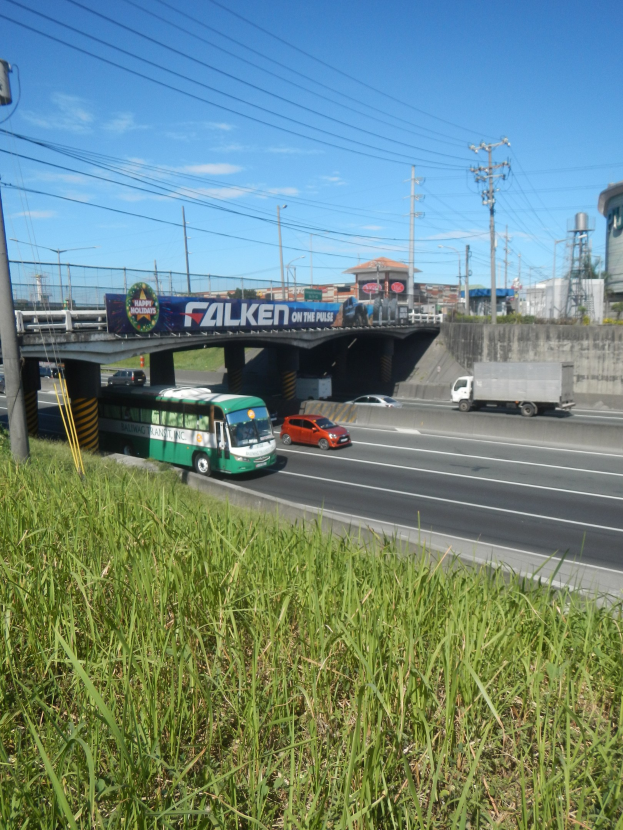 Ein grüner Bus fährt auf einer Autobahn neben hohem Gras, mit einer Brücke, Strommasten, Gebäuden und einem bewölkten Himmel im Hintergrund.
