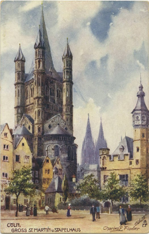 Alte Postkarte mit einer Darstellung von St. Martins Kirche in St. Paul, Deutschland, mit umliegenden Gebäuden, Bäumen, Menschen und einem bewölkten Himmel, einschließlich Text unten.
