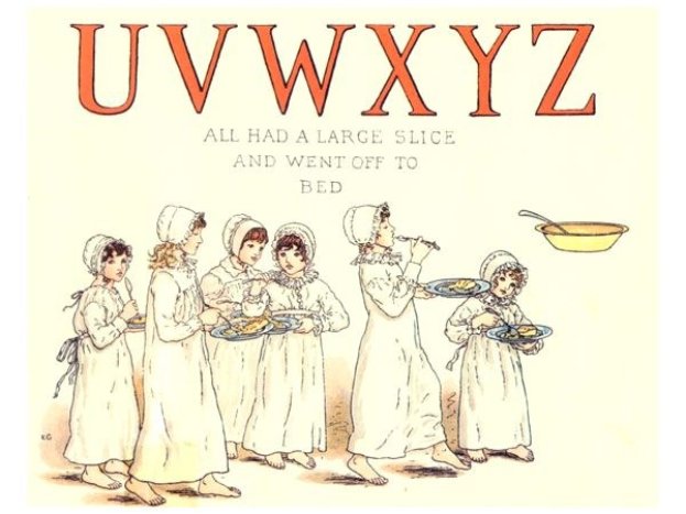 Eine Gruppe von Menschen mit Tellern voller Essen, begleitet von einer Schüssel und einem Löffel, mit Text oben: "Uwxyz - Alle hatten ein großes Stück und gingen ins Bett."