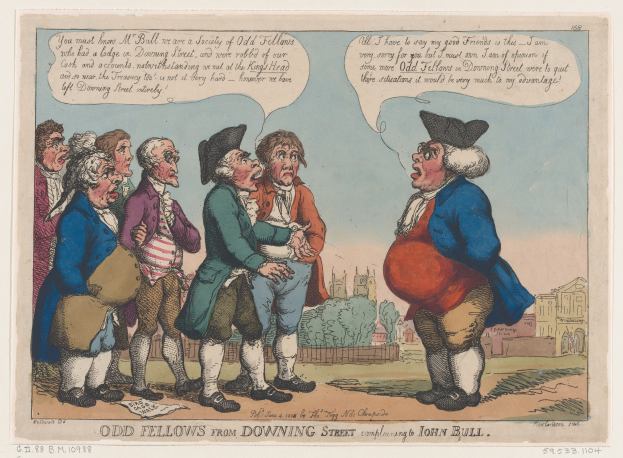 Cartoon illustration of people standing in front of a building with trees and sky, with text at the bottom reading "odd fellows from downing street complaining to John Bull".