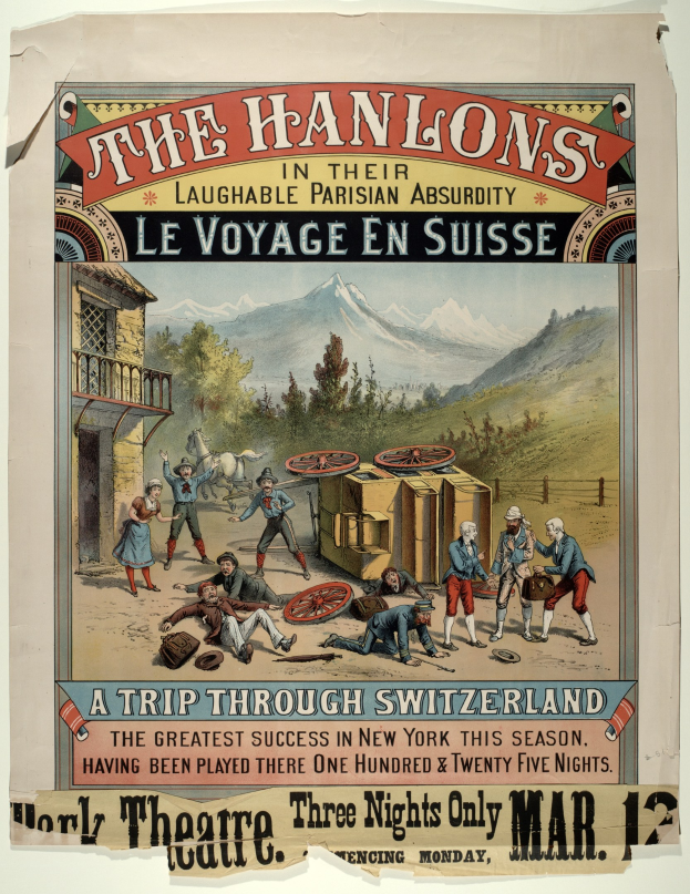 Plakat, das "Hanlons in ihrer lachhaften Pariser Absurdität Le Voyage en Suisse" ankündigt, mit einer Gruppe von Menschen, einem Gebäude, Bäumen, Hügeln und einem Himmel im Hintergrund sowie Text.