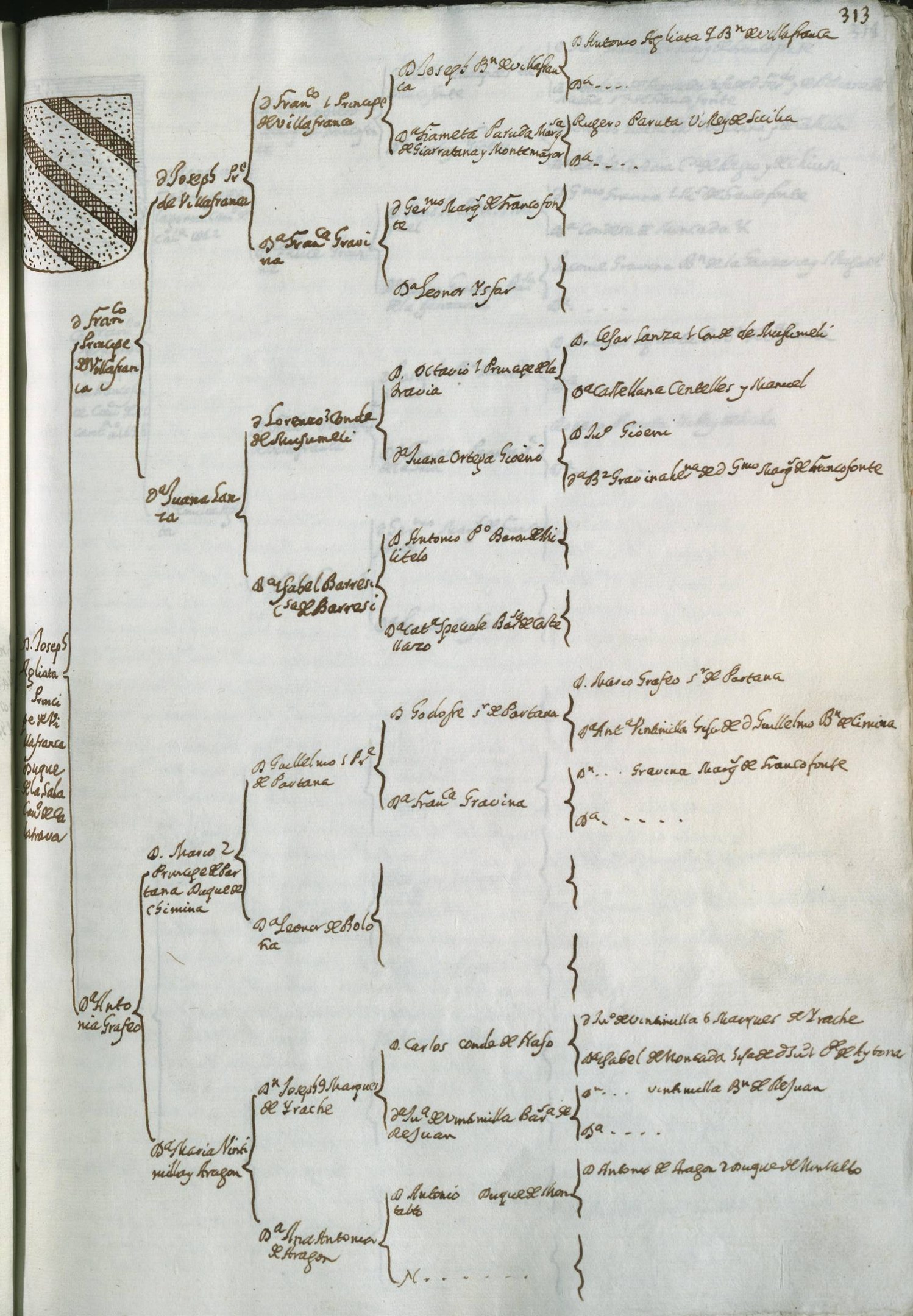 Ein aufgeschlagenes Buch mit einer Illustration eines Familienstammbaums, Text und einem gekrönten Wappen-Logo, wobei jeder Zweig und jedes Blatt ein Familienmitglied darstellt.