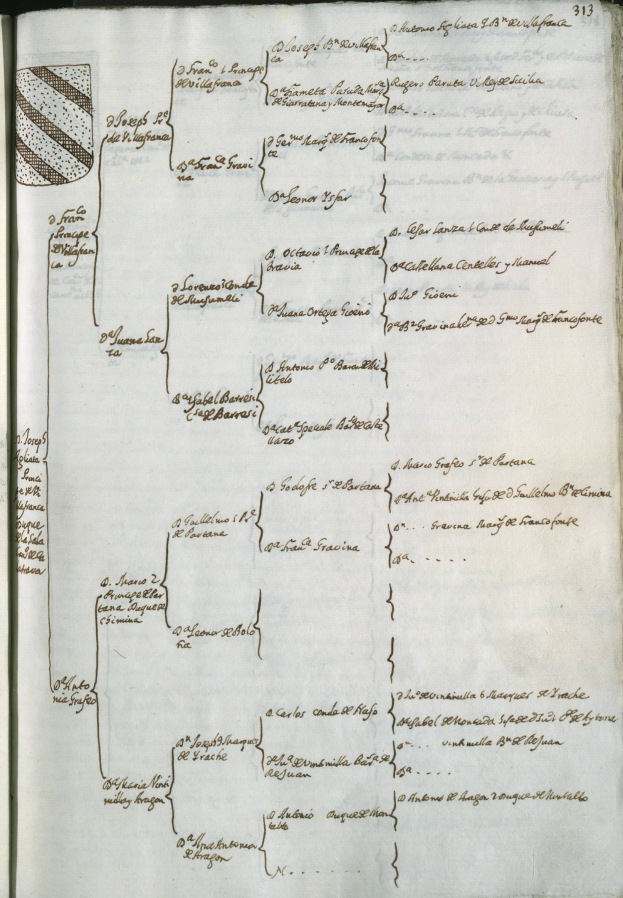 Ein aufgeschlagenes Buch mit einer Illustration eines Familienstammbaums, Text und einem gekrönten Wappen-Logo, wobei jeder Zweig und jedes Blatt ein Familienmitglied darstellt.