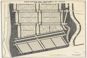 Ein altes Stadtplan von einer Stadt mit vielen Gebäuden und einem Stadtplan, mit beschreibendem Text über die Stadtplanung.