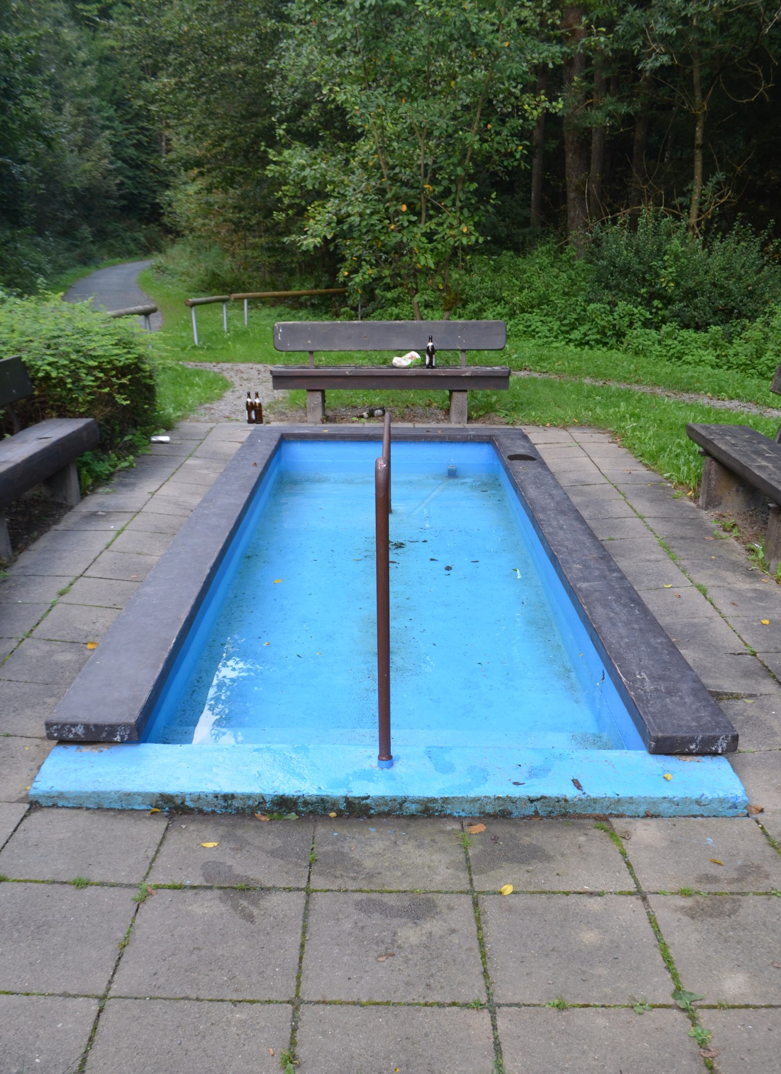 Ein kleiner Parkteich mit B├Ąnken, Grünfläche, Stra├če und B├Ąumen.