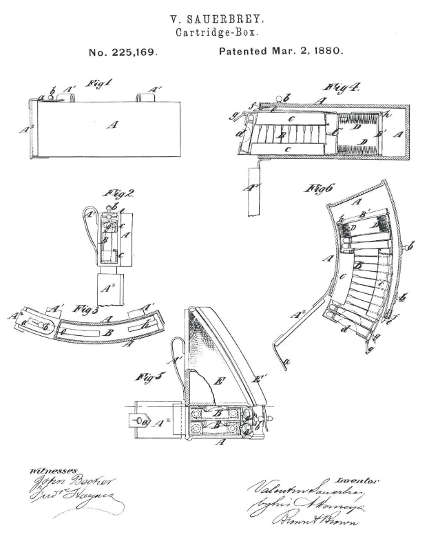 Ein detailliertes technisches Zeichnung einer Maschine mit mehreren Komponenten, einschließlich einer Patronenkastendiagramm-Patentschrift aus dem Jahr 1880, begleitet von erklärendem Text.