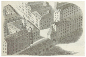 Ein altes Stadtentwurf mit verschiedenen architektonischen Gebäuden und Text unten.