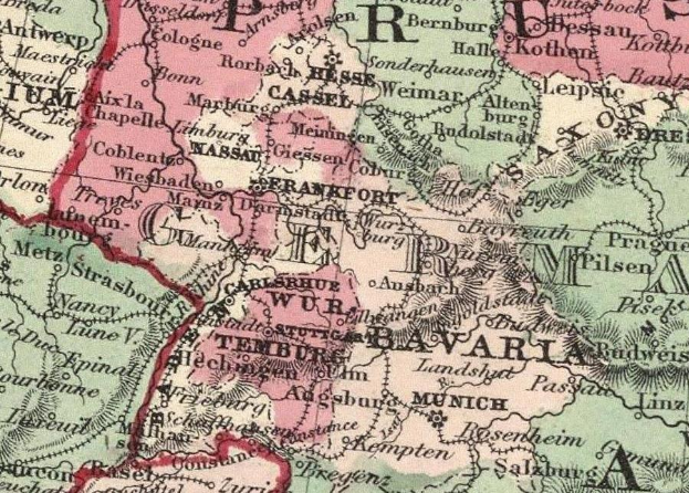 Ein detaillierter alter Stadtplan von Deutschland, der die Provinzen Bayern mit ausführlichen Textanmerkungen hervorhebt.