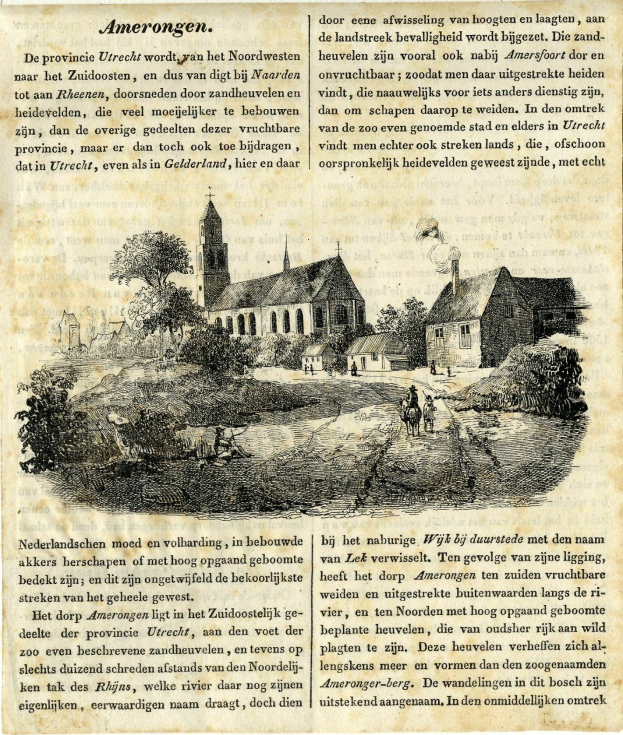 Ein abgenutztes Buchdeckel mit einer Illustration eines Dorfes, einschließlich Häusern, Bäumen und Menschen, neben gedrucktem Text.