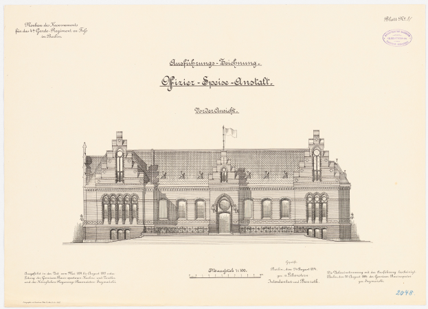 Eine Zeichnung des Hauptsaals des Deutschen Bundestages in Berlin, Deutschland, mit einer Flagge darauf, begleitet von beschreibendem Text.