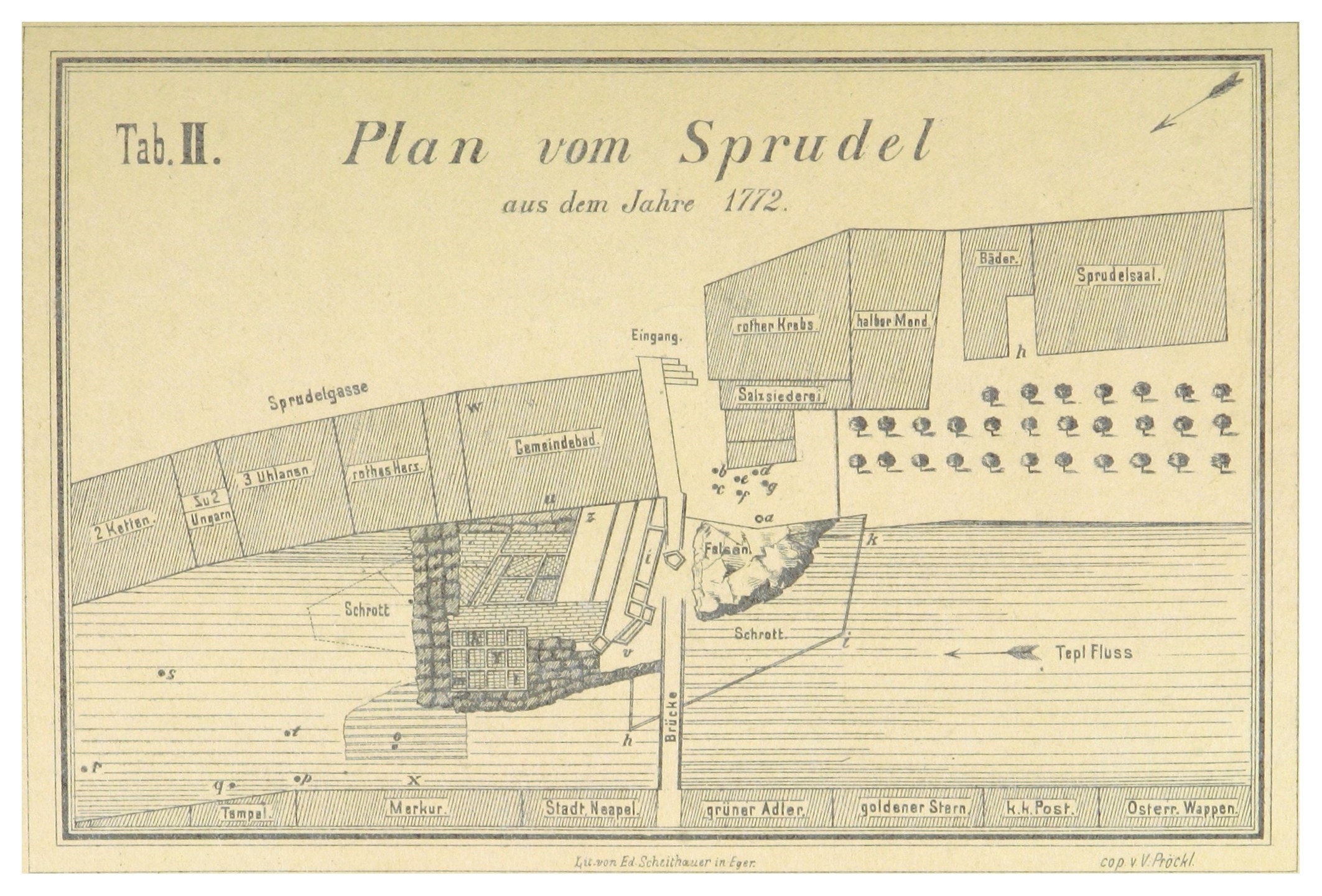 Ein Plakat mit einem detaillierten Plan von Spruidel, Deutschland, mit begleitendem Text, der die Stadt beschreibt.