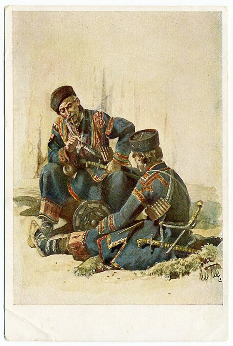 Zwei Männer in Militäruniformen sitzen auf dem Boden, einer spielt ein Musikinstrument, während der andere ein Objekt hält, mit 'Kasachstan' Text unten.