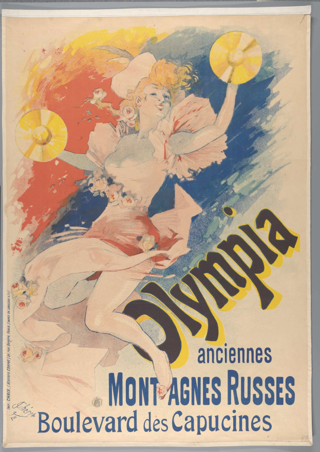 Plakat für die Olympischen Spiele in Mont-Agnes-Russes, Frankreich, das eine Frau in einem farbenfrohen Kleid zeigt, die einen Fächer hält, mit Text auf dem Plakat.