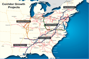 Ein Plakat mit einem detaillierten Kartenausschnitt der Vereinigten Staaten, der Straßen und Autobahnen hervorhebt, mit der Überschrift "Corridor Growth Projects" in fetter, schwarzer, zentrierter Schrift auf einem hellblauen Hintergrund.