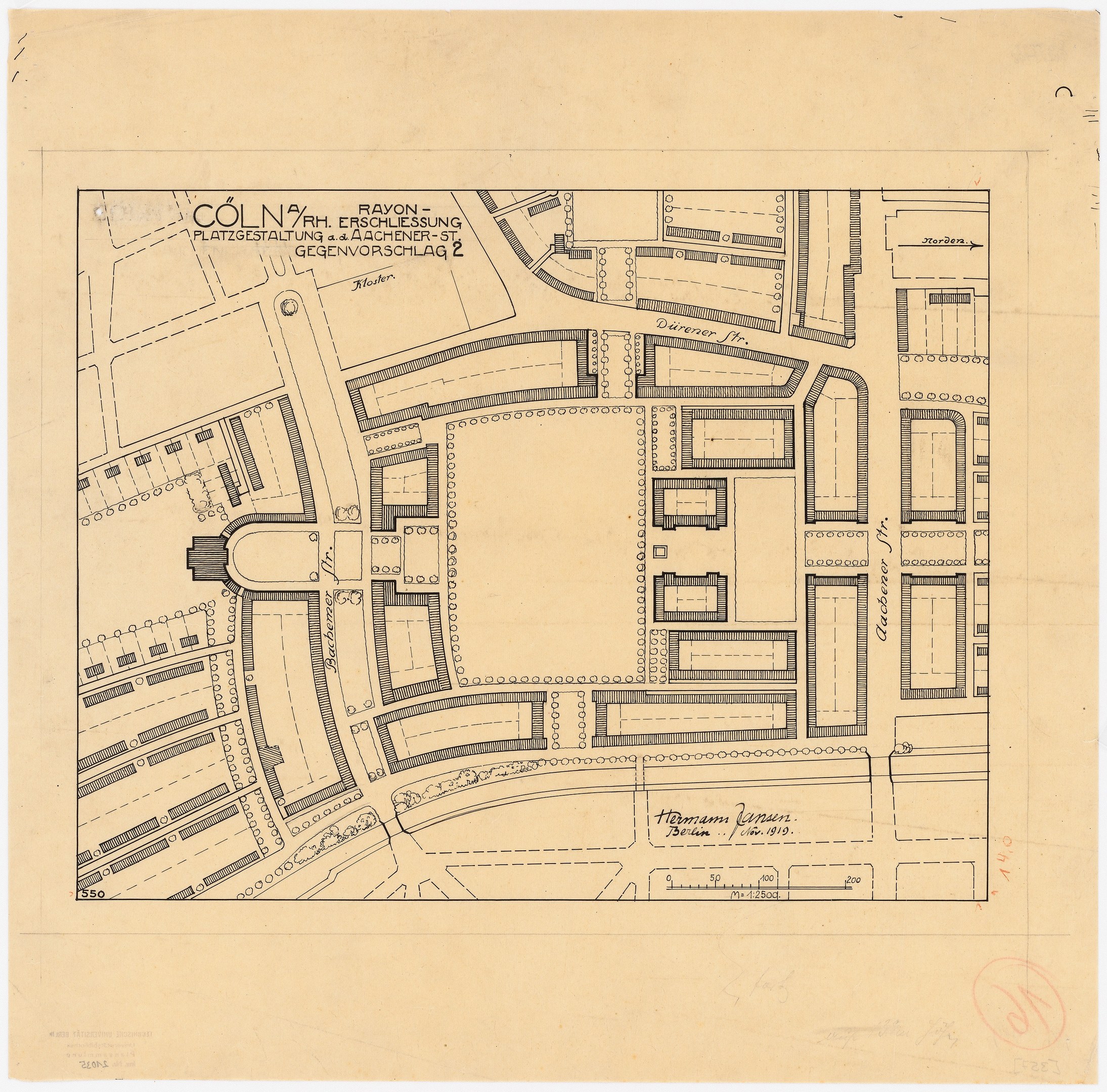 Alte Karte von Köln, Deutschland, mit einem detaillierten Gebäudeplan und handgeschriebenen Textanmerkungen auf altem Papier.