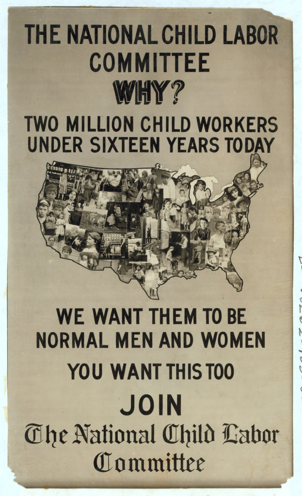 Plakat der Nationalen Kinderarbeitskommission, das eine US-Karte und den Text "Why? Two Million Child Workers Under Sixteen Years Today" zeigt, mit mehreren illustrierten Gesichtern, die Kommissionsmitglieder darstellen.
