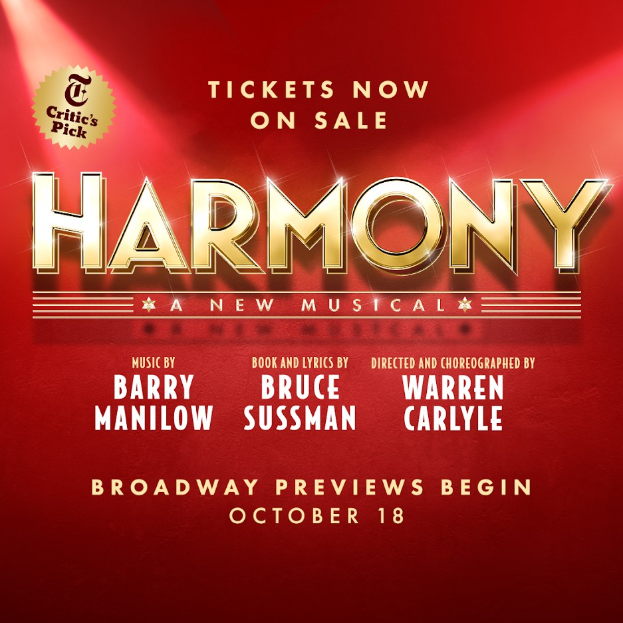 Plakat für das Musical "Harmonie" mit "Eintrittskarten jetzt erhältlich" in fetter weißer Schrift auf einem gelben Hintergrund, einem Logo mit Notenstab in der Mitte und einem hellblauen Rand.