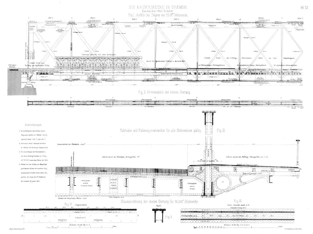 Ein detailliertes Bild einer Brücke mit der Bezeichnung 'Kaiserbrücke in Bremen' und begleitendem Text auf demselben Blatt Papier.