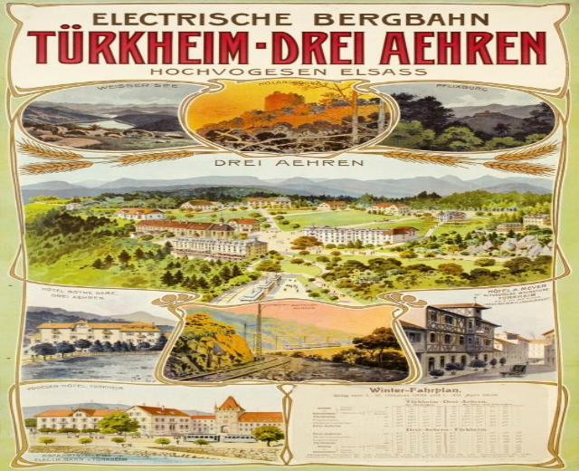 Plakat für Bergbahn, Deutschland, das seine elektrische Stadt mit Bildern von Gebäuden, Bäumen, Hügeln und beschreibendem Text bewirbt.