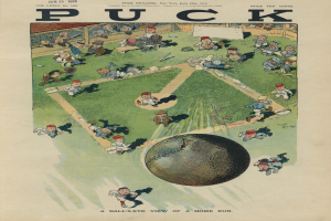 Alter Buchumschlag mit einer 1913er Puck Magazine-Karikatur eines Baseballspiels mit Spielern und einem Ball auf dem Feld.