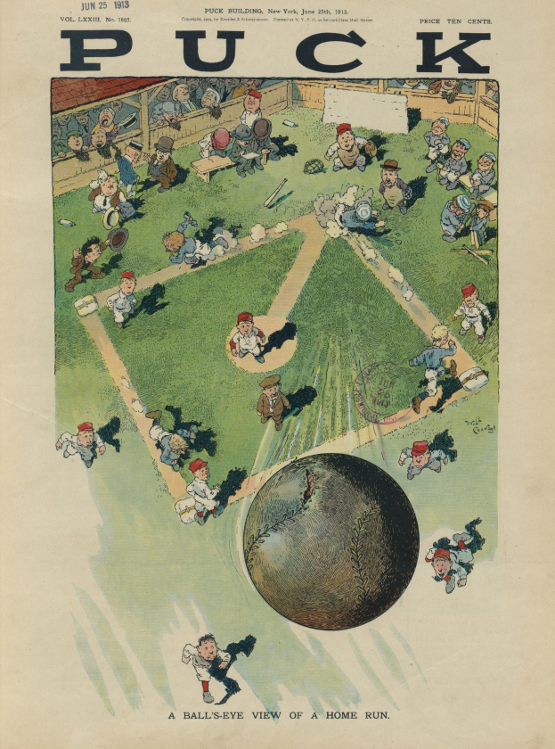 Alter Buchumschlag mit einer 1913er Puck Magazine-Karikatur eines Baseballspiels mit Spielern und einem Ball auf dem Feld.