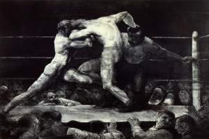 Zwei Boxer im Boxring tauschen Schläge aus, während eine jubelnde Menge zusieht.