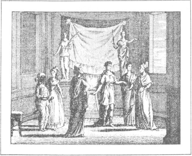 Schwarze und weiße Zeichnung einer Gruppe von Menschen, die vor einer Bühne mit einem drapierten Tuch an der Wand und Fenstern im Hintergrund stehen, betitelt "Das Theater der Oper" unten.