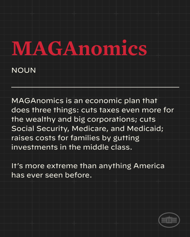 Ein Plakat mit fetter schwarzer Schrift auf einem weißen Hintergrund, eingerahmt von einem schmalen schwarzen Rand, das "Maganomics: Ein Wirtschaftsplan, der drei Dinge tut - Steuern für Wohlhabende und große Unternehmen weiter senken." anzeigt.