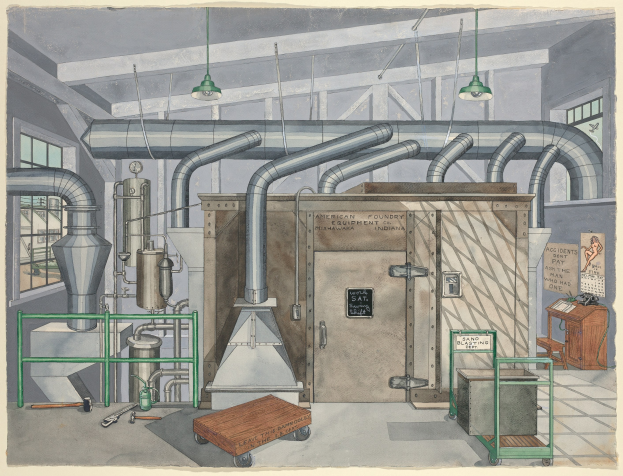 Eine detaillierte Strichzeichnung eines industriellen Fabrikinneren mit Maschinen, Rohren, Möbeln, Fenstern und einem Schild mit der Aufschrift "American Foundry Equipment Co, Indiana".