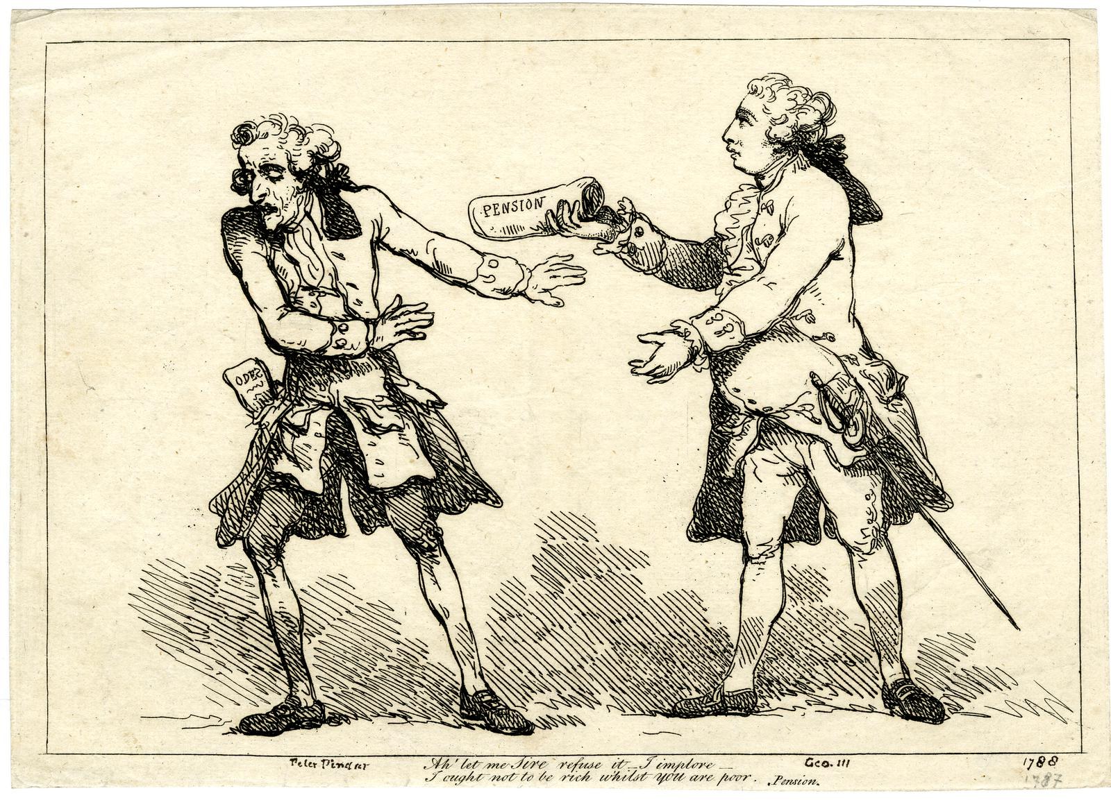 Zwei Karikaturen-Männer in Renaissance-Kleidung, einer hält ein Papier mit dem Wort "Rente" unten.