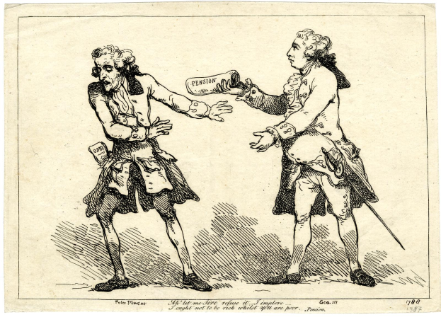 Zwei Karikaturen-Männer in Renaissance-Kleidung, einer hält ein Papier mit dem Wort "Rente" unten.