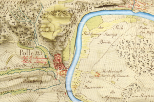 Ausführliche alte Karte von Polle, Deutschland, mit einem Fluss, Straßen, Gebäuden und anderen Merkmalen.