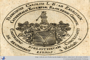 Altes Buch mit einem Wappen, das einen gekrönten Schild, einen Lorbeerkranz und ein Banner mit der Aufschrift "Bibliothek" sowie das Wort "Bibliotheken" darunter zeigt.