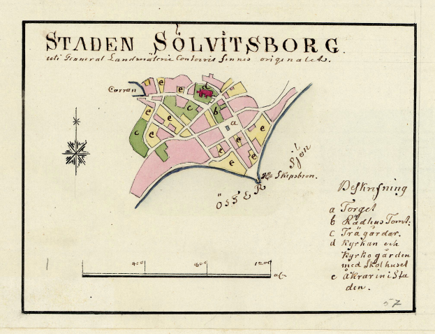 Detailierte Papierreisekarte von Staden Solvitsborg, Schweden, mit Straßen, Gebäuden und Sehenswürdigkeiten mit handgeschriebener Text.